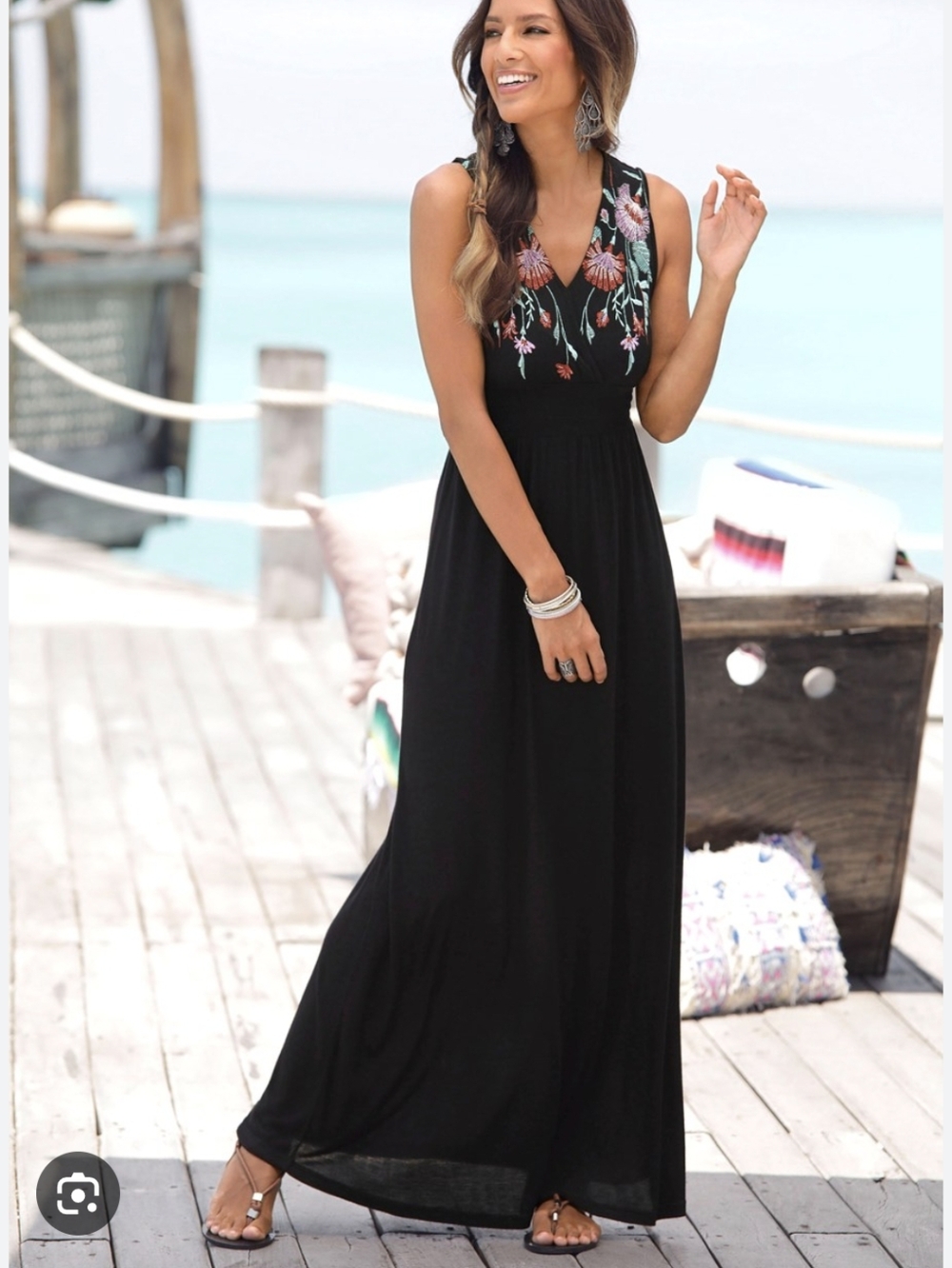 Lascana Sleeveless Black Maxi Dress with Floral Embroidered V-Neck